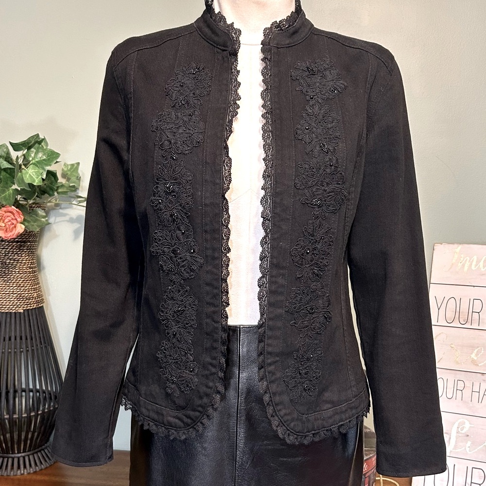 Chico's Black Beaded Embellished Embroidered Floral Lace Trim Denim Jacket